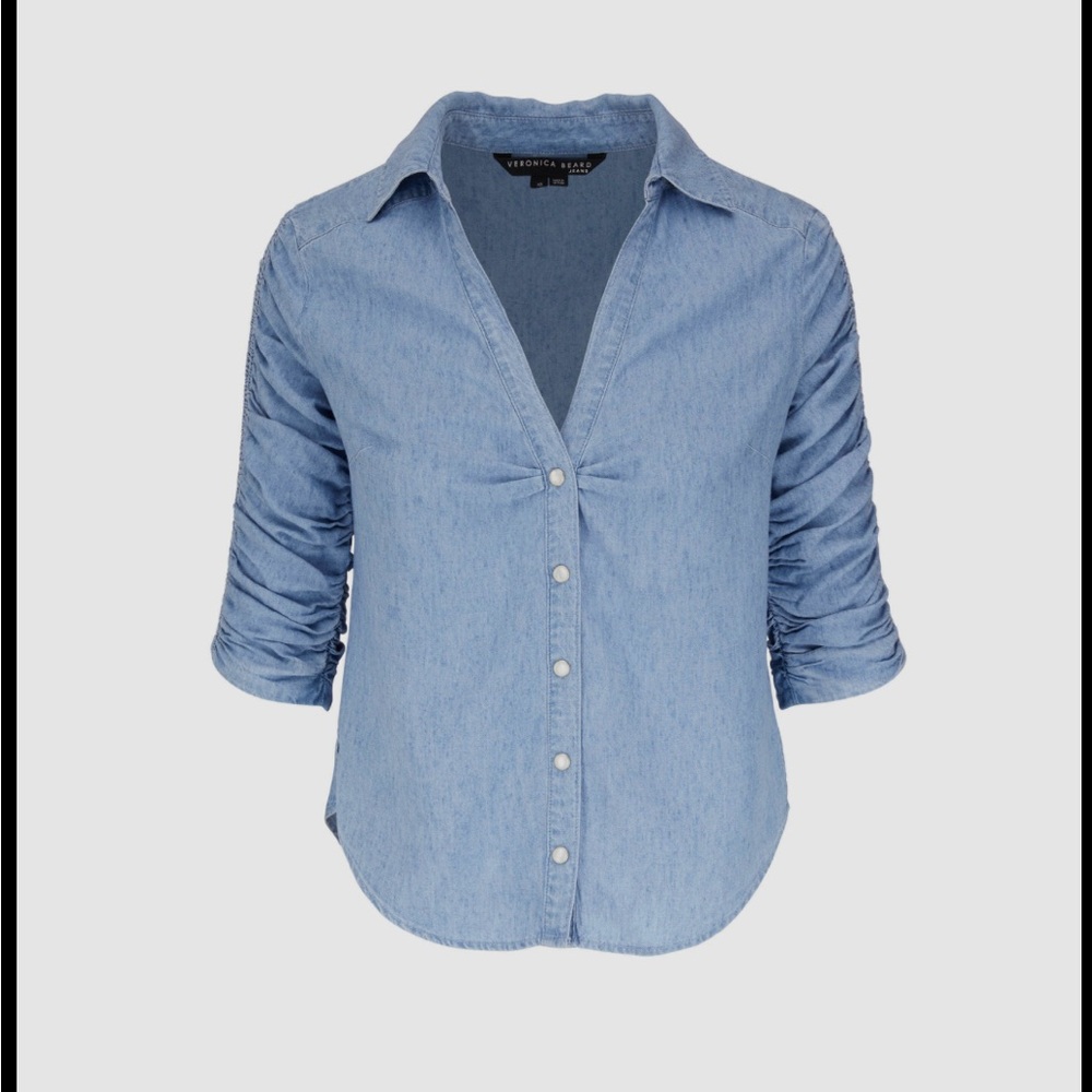 NWT Veronica Beard Jeans Pearl Snap Shirt Chambray Ruched 3/4 Sleeves Large
